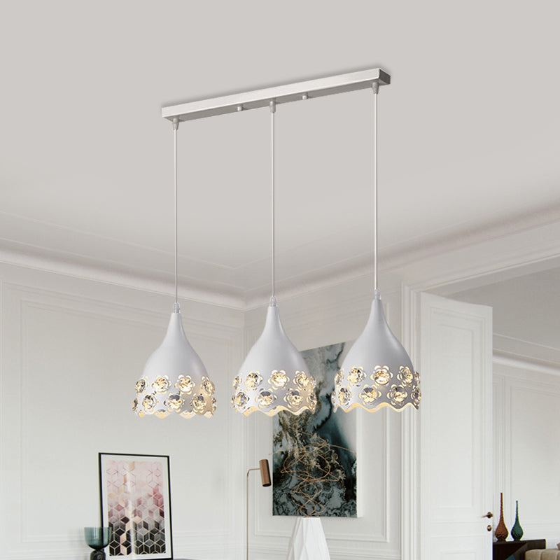 Metal Teardrop Multi Light Pendant Modern 3 Lights Ceiling Suspension Lamp in White with Flower Crystal Deco Edge