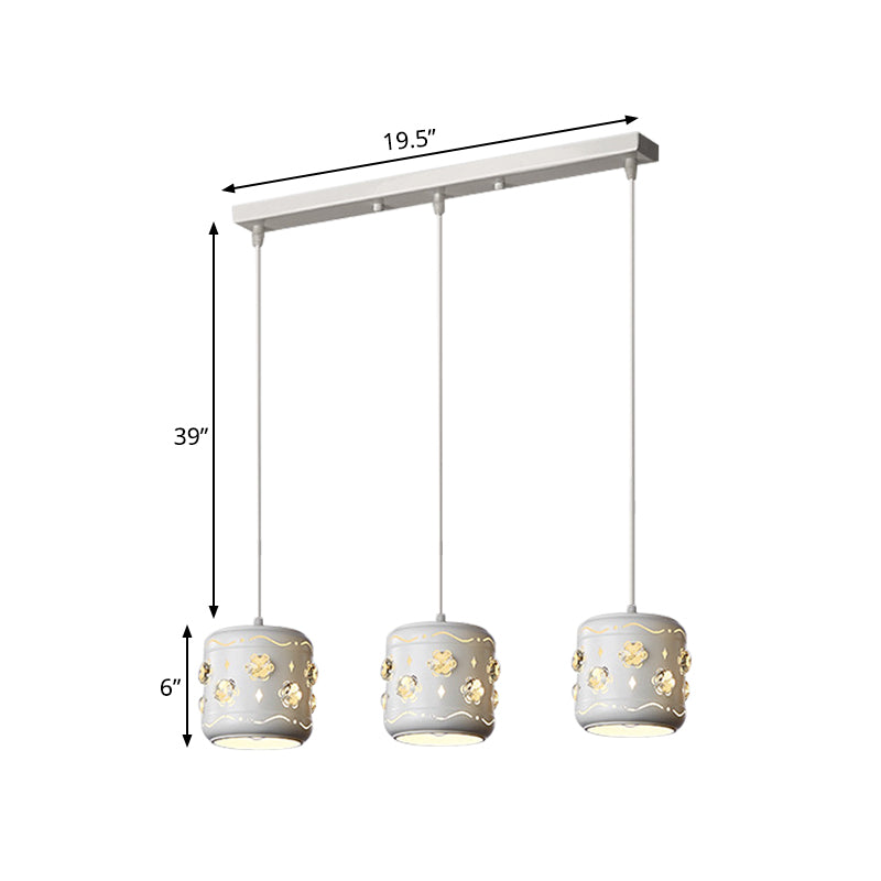Flower Crystal Small Drum Cluster Pendant Modernism 3 Bulbs White Ceiling Suspension Light