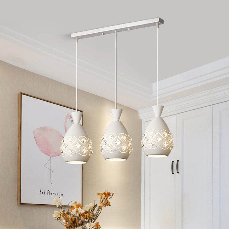 White Finish Wine Can Suspension Light Modernism 3 Bulbs Iron Multi Ceiling Lamp with Crystal Accent