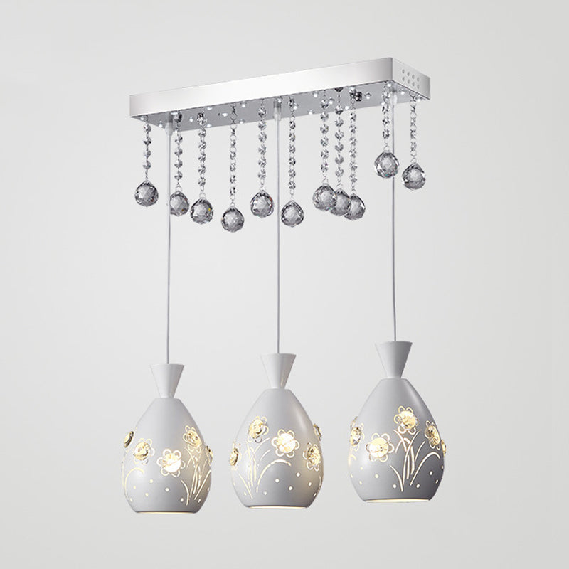 Hollow-Out Floret Iron Multi Light Ceiling Lamp Modern 3-Light White Hanging Pendant with Crystal Droplet