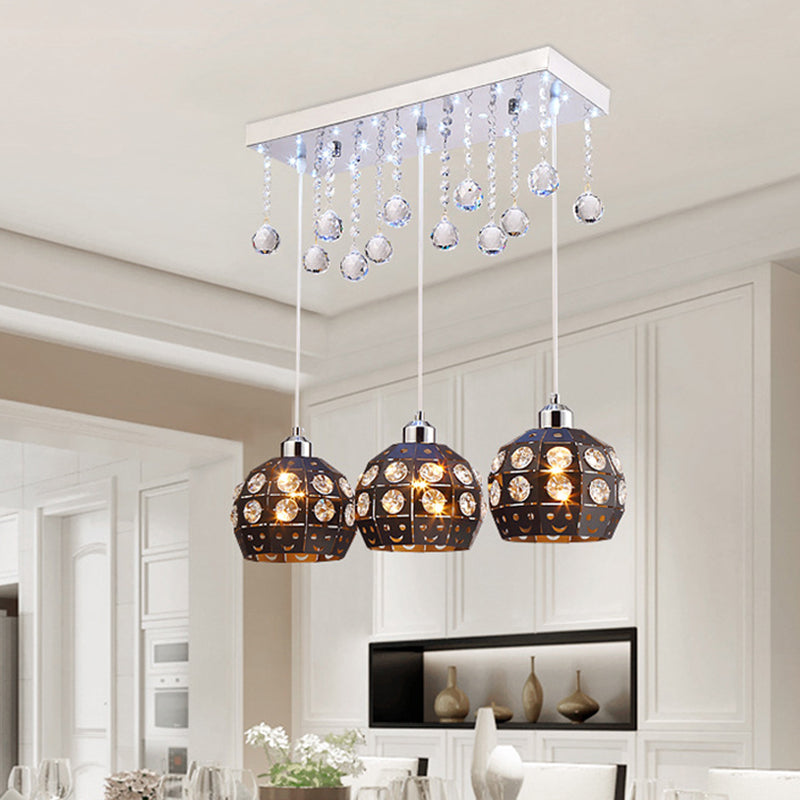 Globe Metallic Cluster Light Pendant Modernist 3 Heads Black Pendulum Lamp with Crystal Deco