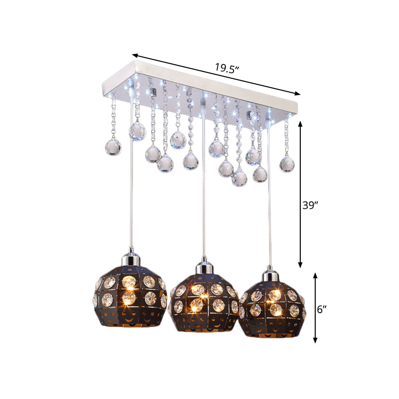 Globe Metallic Cluster Light Pendant Moderniste 3 têtes Péndule noir avec cristal déco