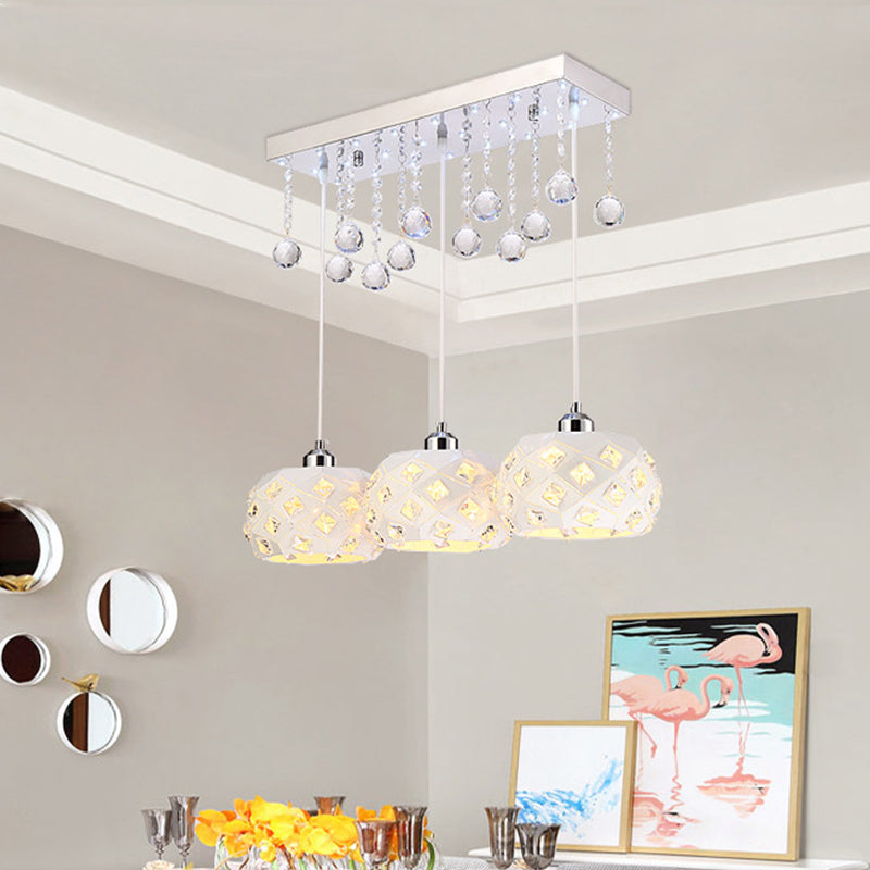 White Drum Shaped Multiple Hanging Lamp Simple 3-Bulb Metal Ceiling Pendant Light with Crystal Ball Accent