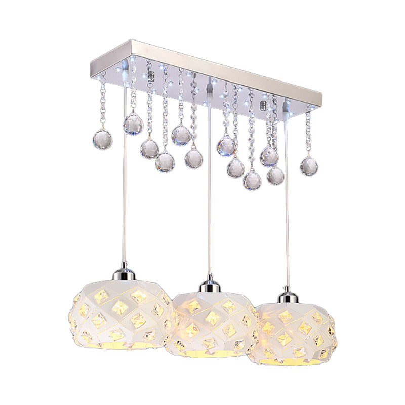 White Drum Shaped Multiple Hanging Lamp Simple 3-Bulb Metal Ceiling Pendant Light with Crystal Ball Accent