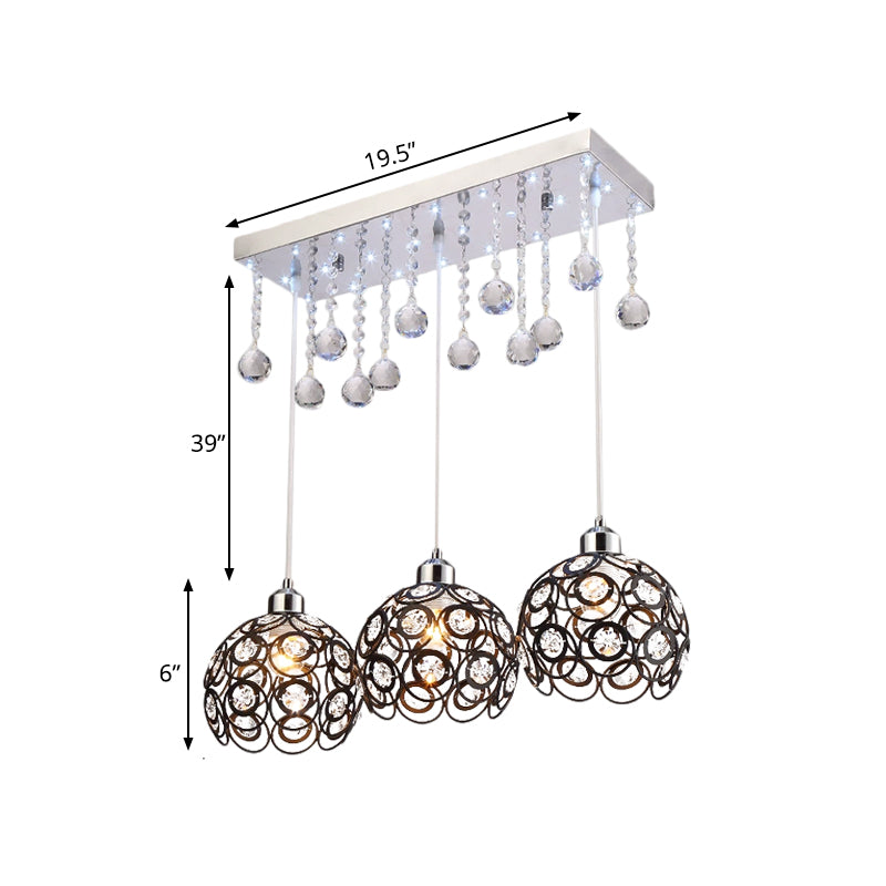 Lampe à suspension globale intégrée en cristal minimal 3 têtes luminaire multi-pendentif en noir