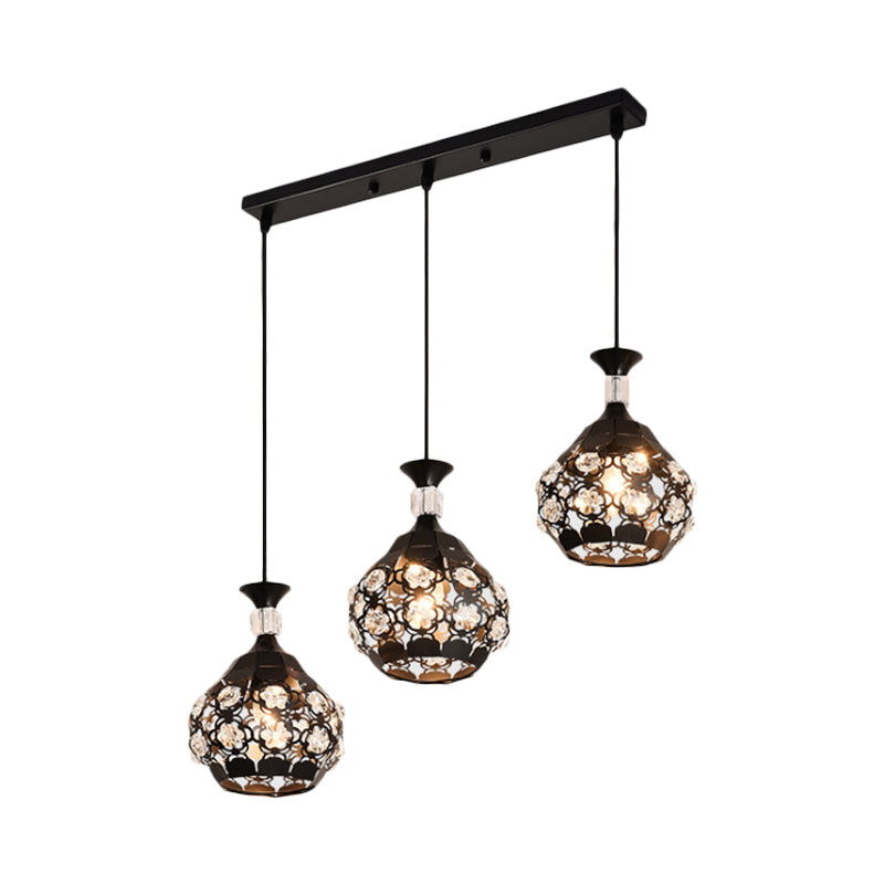 Black Laser-Cut Onion Suspension Light Modernism 3 Bulbs Crystal Encrusted Cluster Pendant
