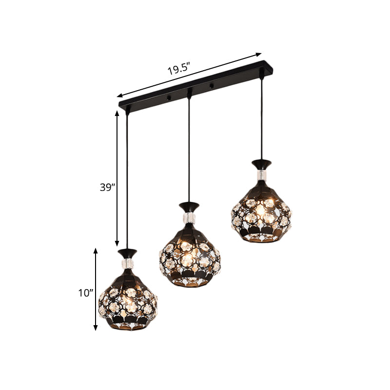 Black Laser-Cut Onion Suspension Light Modernism 3 Bulbs Crystal Encrusted Cluster Pendant