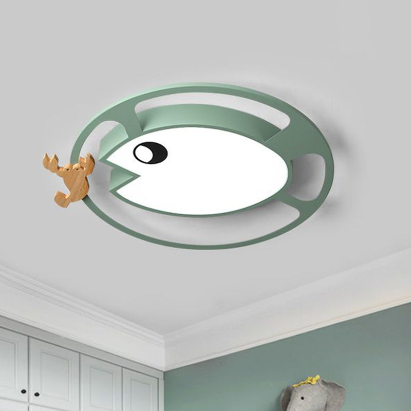 Circular Acrylic Ceiling Light Kids Grey/White/Green LED Flush Mount Lamp with Wood Shrimp Decor for Nursery