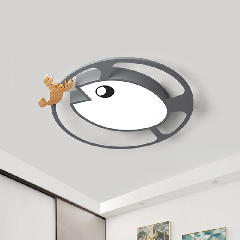 Circular Acrylic Ceiling Light Kids Grey/White/Green LED Flush Mount Lamp with Wood Shrimp Decor for Nursery