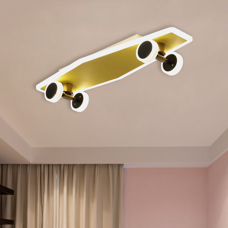 Plafond de planche à roulettes en acrylique encastré pour enfants, luminaire LED doré pour chambre de garçons