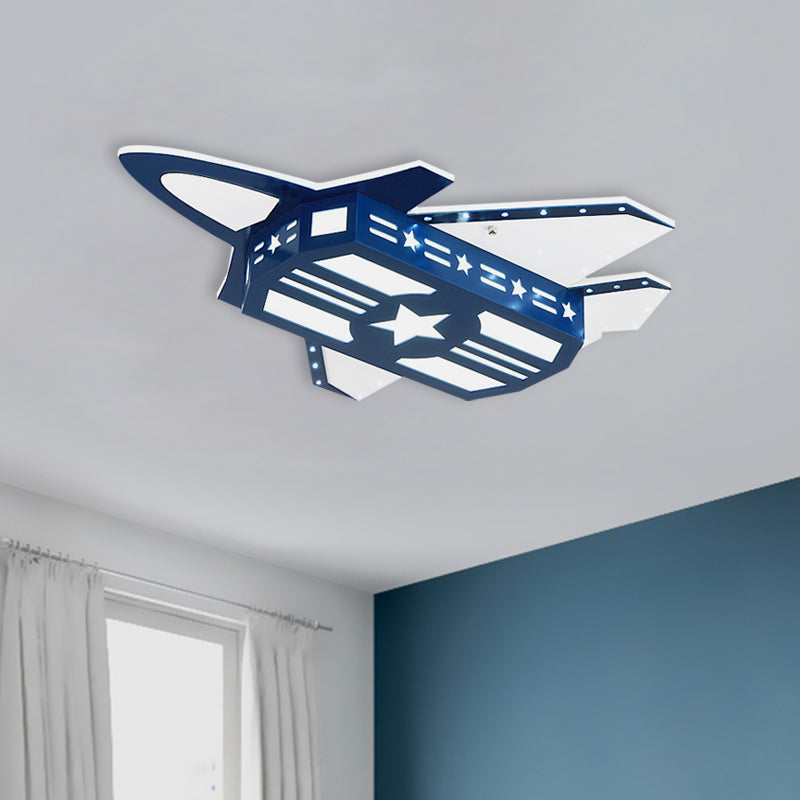 Cartoon LED Flush Mount Light Blue Aircraft Ceiling Mounted Fixture with Wood Shade