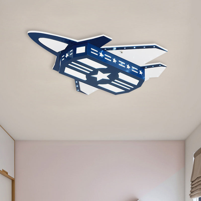Cartoon LED Flush Mount Light Blue Aircraft Ceiling Mounted Fixture with Wood Shade