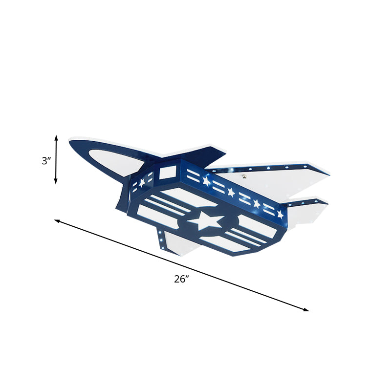 Cartoon LED Flush Mount Light Blue Aircraft Ceiling Mounted Fixture with Wood Shade