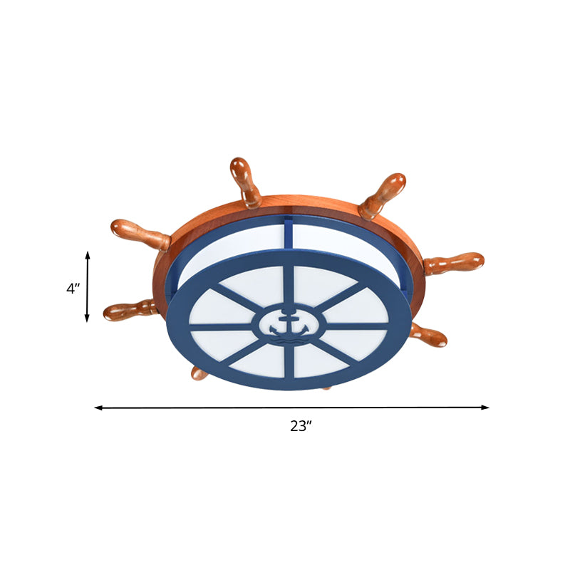 Rudder Flush Mount Lamp Kids Wooden LED Blue Ceiling Light Fixture for Boys Bedroom