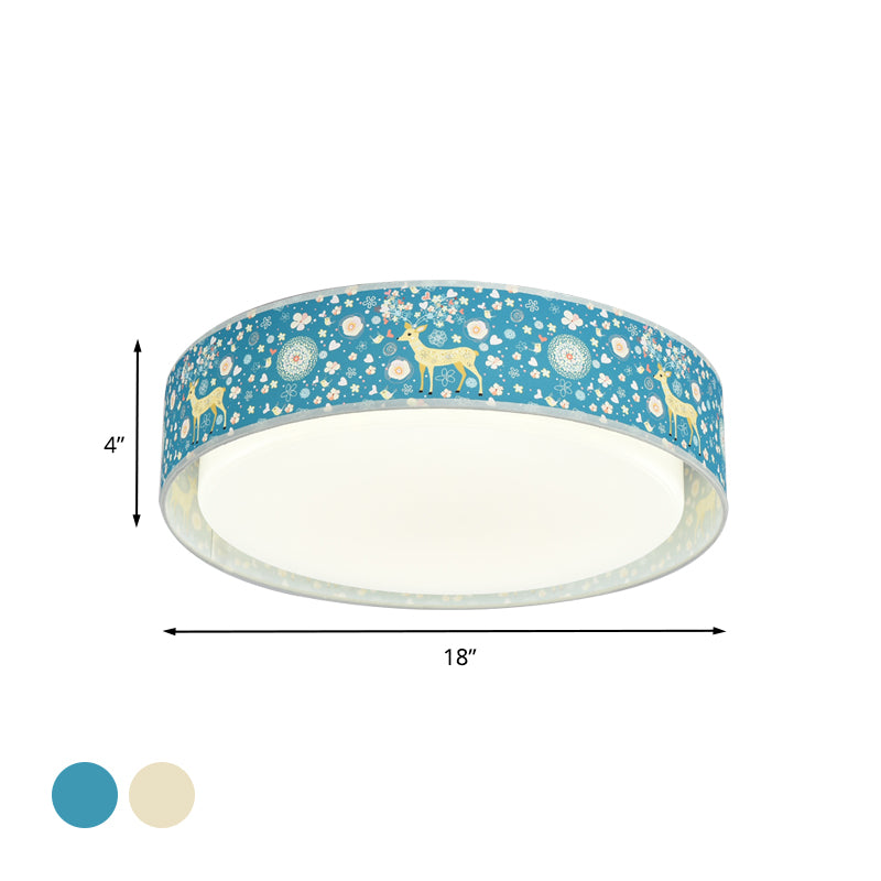Beige / Blue Drum Flush Light Cartoon LED Metallo Flush Montaggio Illuminazione con Animal Pattern per Bedroom