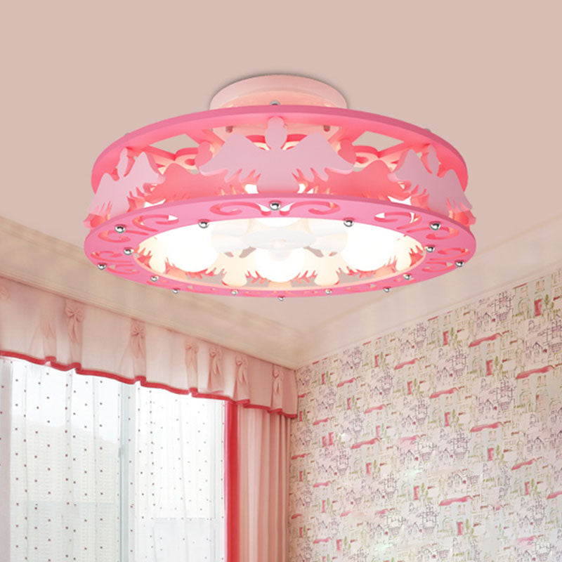 Metal Drum Semi Mount Lighting Kids 6 Lights Pink Flush Light Fixture with Bird/Angel Decoration