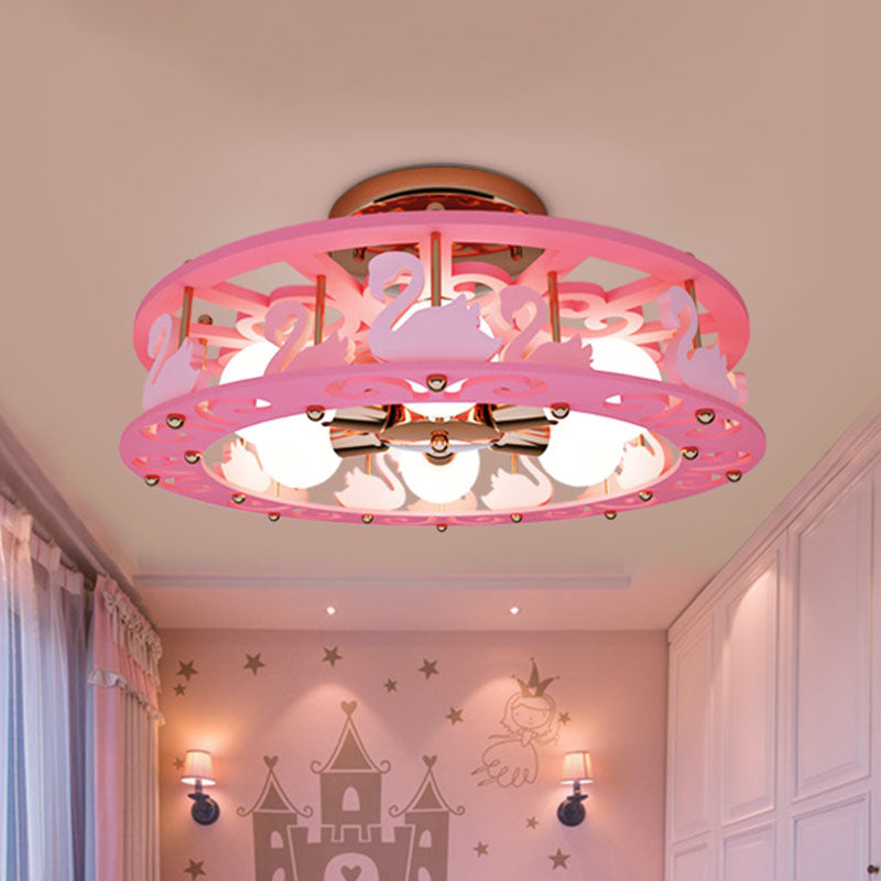 Metal Drum Semi Mount Lighting Kids 6 Lights Pink Flush Light Fixture with Bird/Angel Decoration