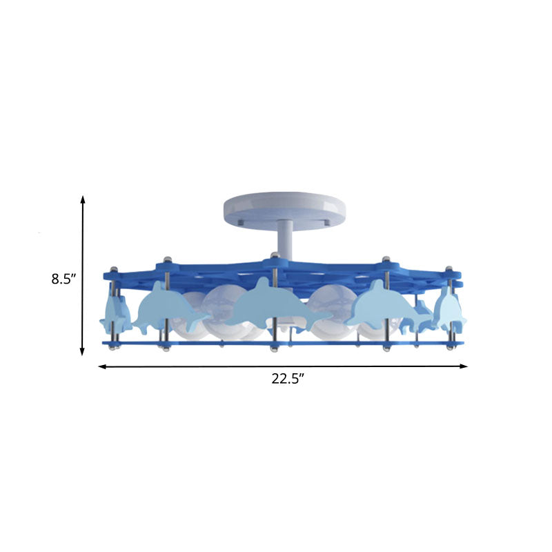 Dolphin Kindergarten Ceiling Light Metal 6 Bulbs Cartoon Semi Flush Mount Lighting in Blue