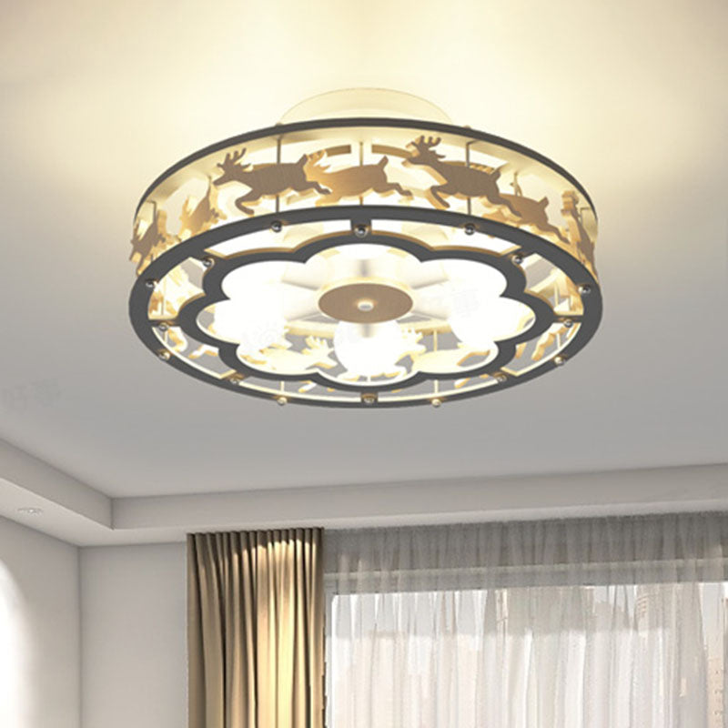 IJzeren trommel plafond verlichtingsarmatuur Noordse 6-bulb grijze semi-spoeling met houten elanden decor