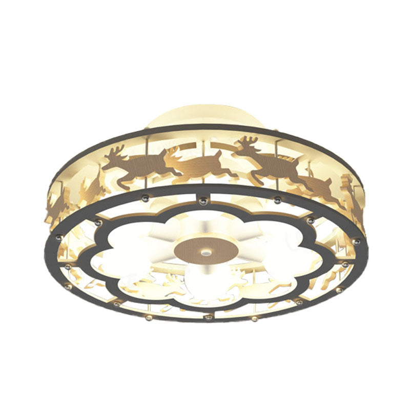 IJzeren trommel plafond verlichtingsarmatuur Noordse 6-bulb grijze semi-spoeling met houten elanden decor