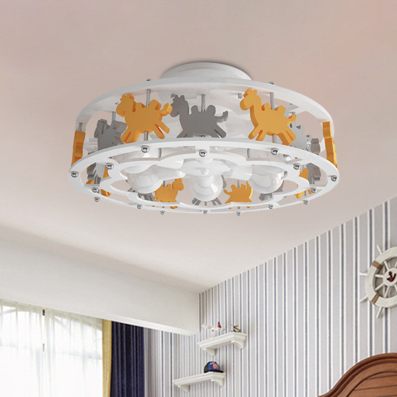Nordic Drum Semi Flush Iron 6-Head Nursery Flush Mount Light with Camel Design in White