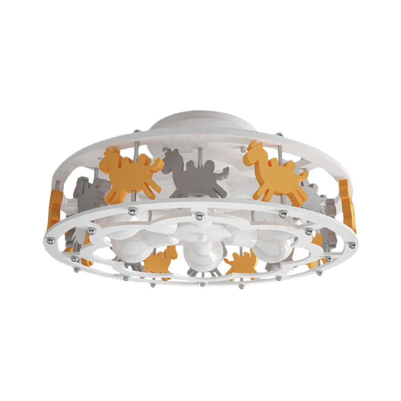 Nordic Drum Semi Flush Iron 6-Head Nursery Flush Mount Light with Camel Design in White