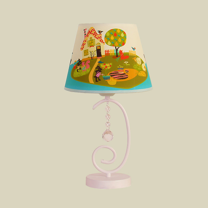 Barrel Bedroom Table Light Fabric 1 Bulb Cartoon Night Lamp in White with Crystal Drop and Sheep/Loving Heart/Elephant Pattern