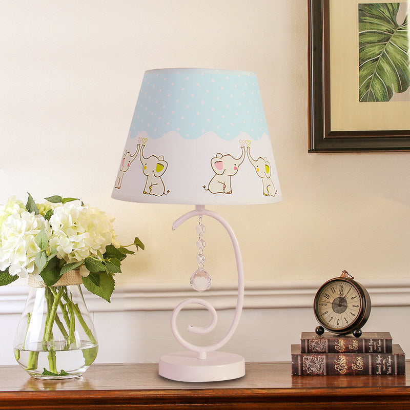 Barrel Bedroom Table Light Fabric 1 Bulb Cartoon Night Lamp in White with Crystal Drop and Sheep/Loving Heart/Elephant Pattern