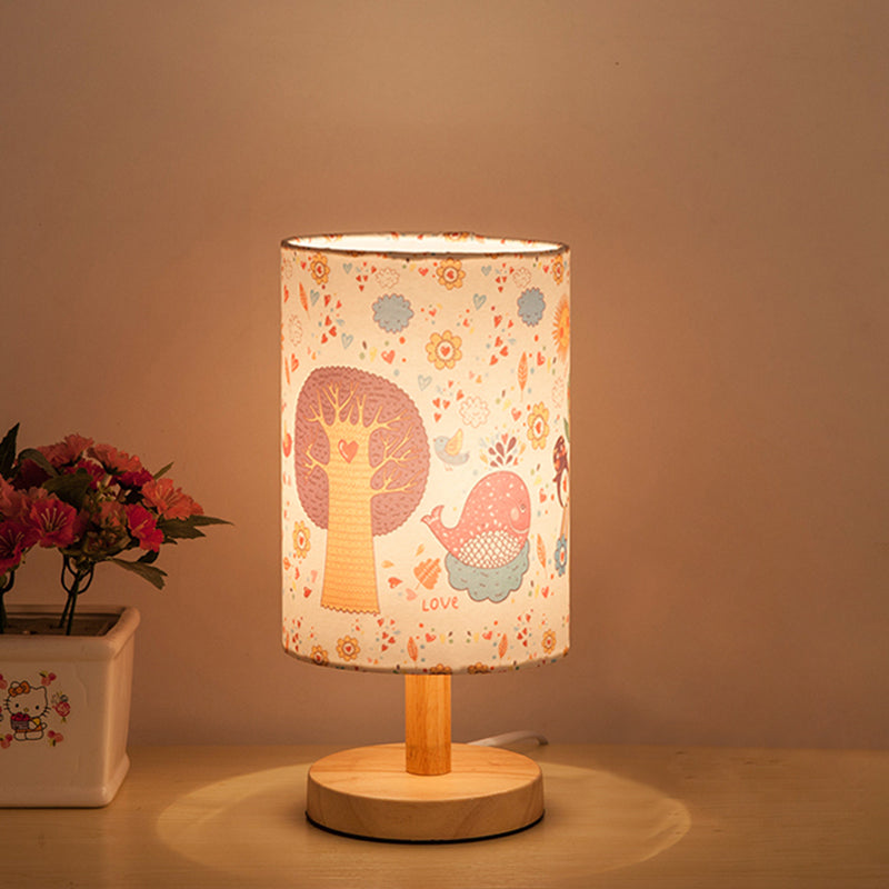 Cylindre de bois lampe de table de nuit enfants 1 Tivet de tête Lumière avec arbre et motif de fleurs