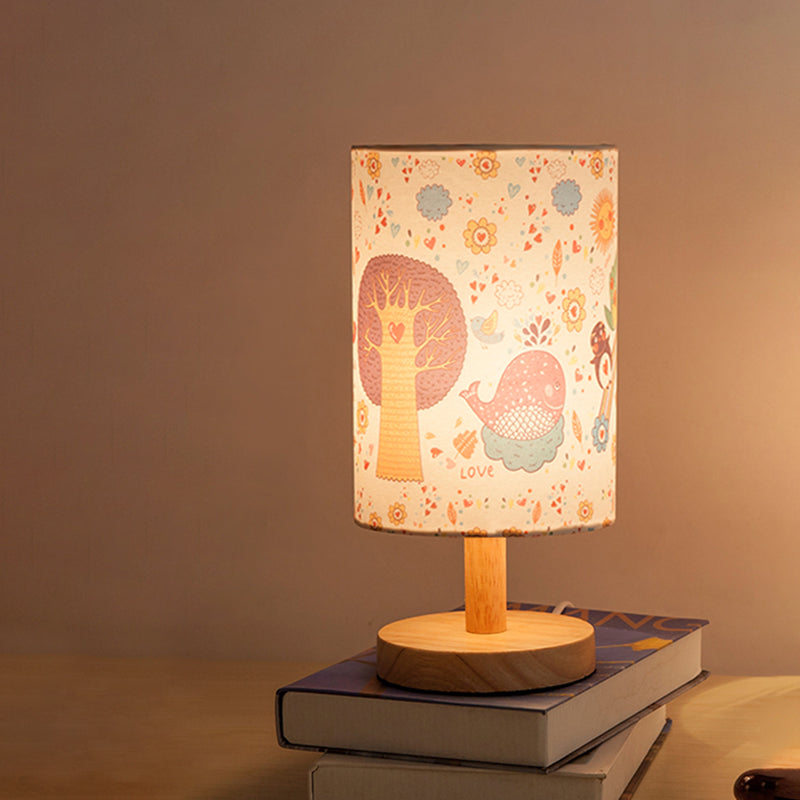 Cylindre de bois lampe de table de nuit enfants 1 Tivet de tête Lumière avec arbre et motif de fleurs