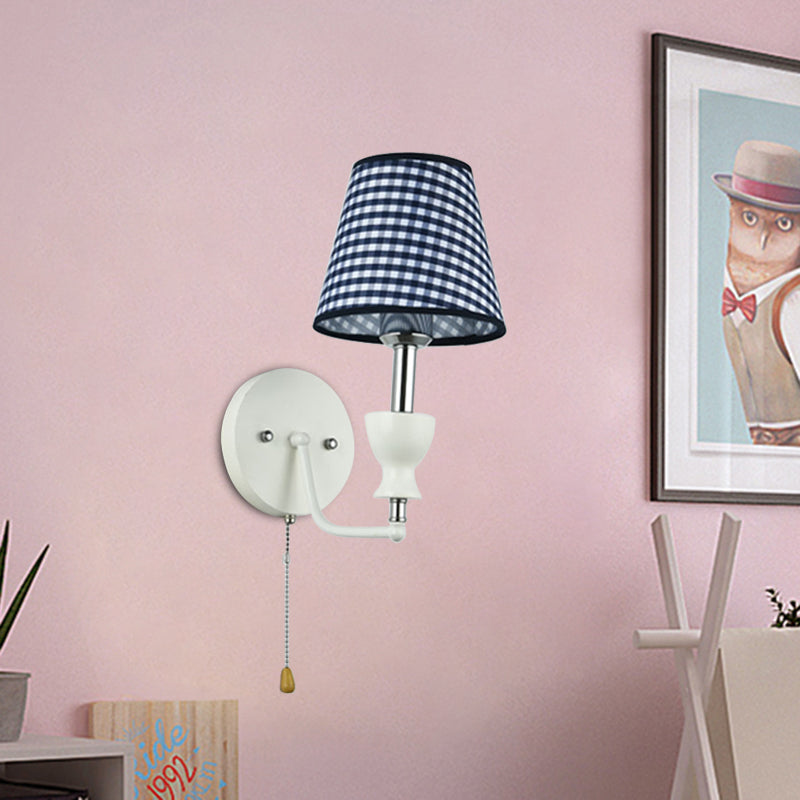 Modernism Barrel Wall Lamp Fabric 1-Head Bedroom Wall Light in Dark Blue with Pull Chain