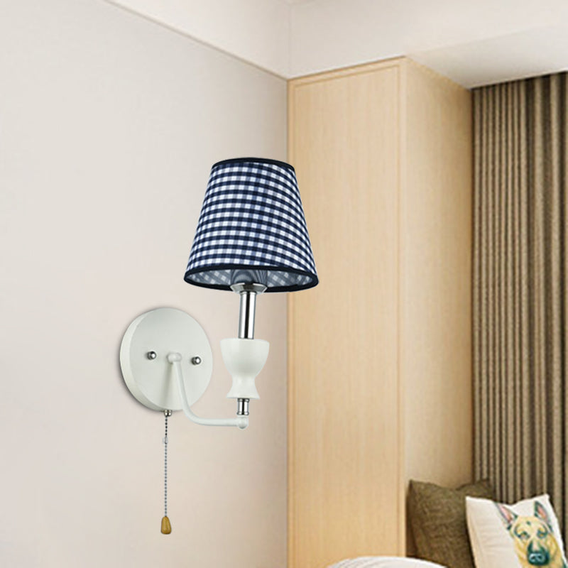 Modernism Barrel Wall Lamp Fabric 1-Head Bedroom Wall Light in Dark Blue with Pull Chain