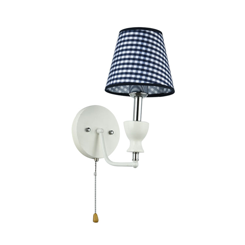 Modernism Barrel Wall Lamp Fabric 1-Head Bedroom Wall Light in Dark Blue with Pull Chain