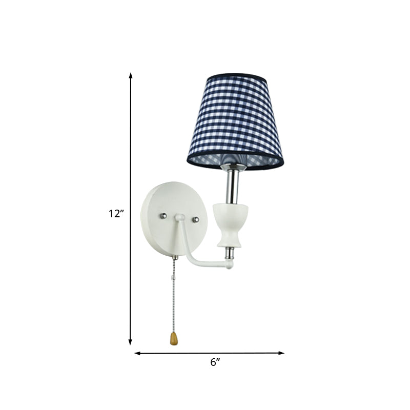 Modernism Barrel Wall Lamp Fabric 1-Head Bedroom Wall Light in Dark Blue with Pull Chain