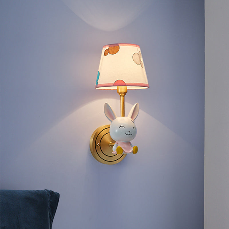 Rabbit Resin Wall Mount Light Cartoon 1 Bulb Gold Wall Lighting Fixture with Barrel Fabric Shade