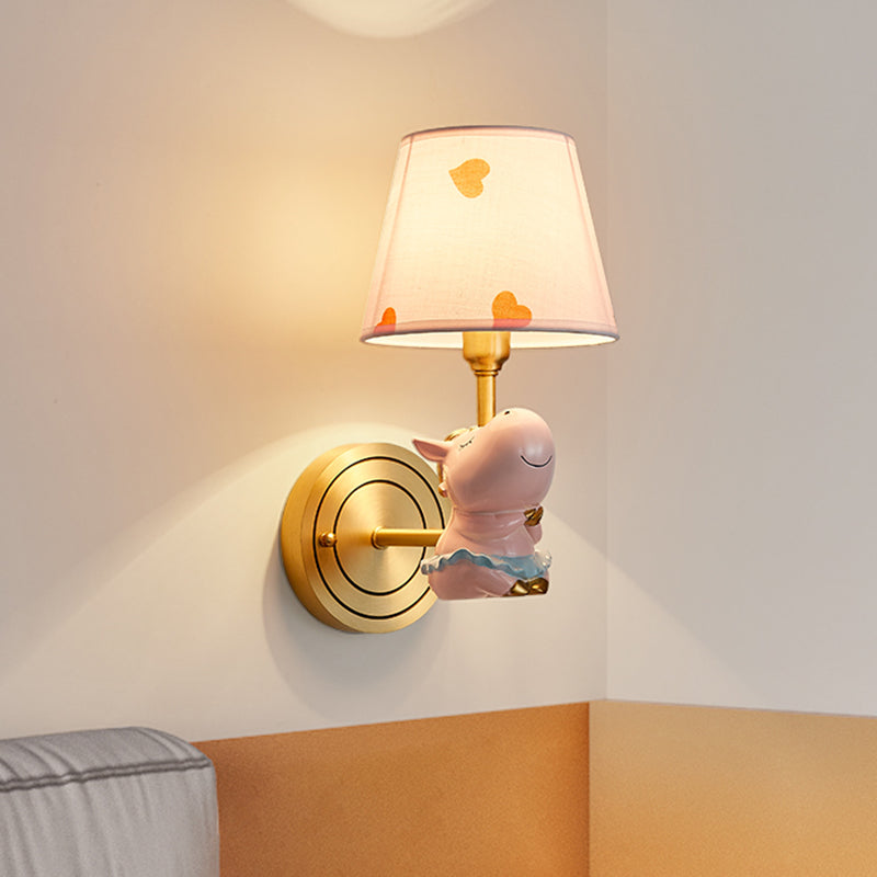 Resin Horse Sconce Light Cartoon 1-Head Gold Wall Lighting Fixture with Bucket Fabric Shade