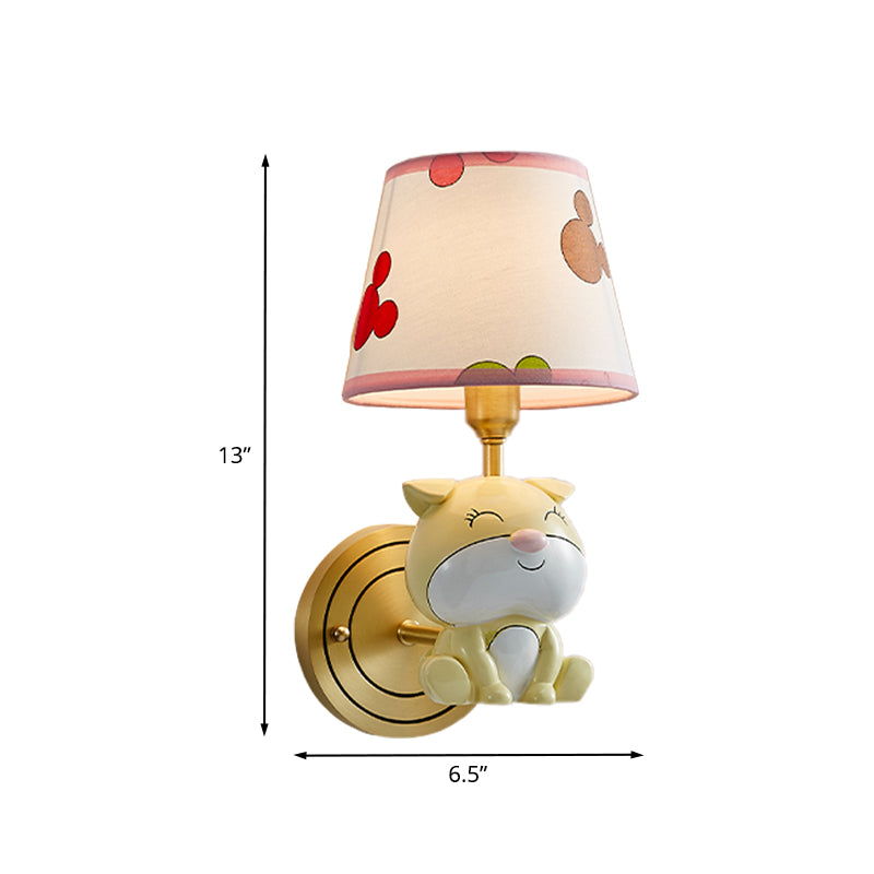 Gold Dog Wall Light Sconce Cartoon 1-Bulb Resin Wall Lamp Fixture with Tapered Fabric Shade