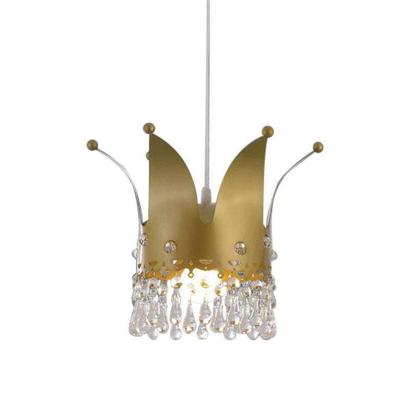 Modernistische Krone down Lighting Iron 1 Glühbirnenschlafzimmer Hanglampe in Gold mit Kristallabfall