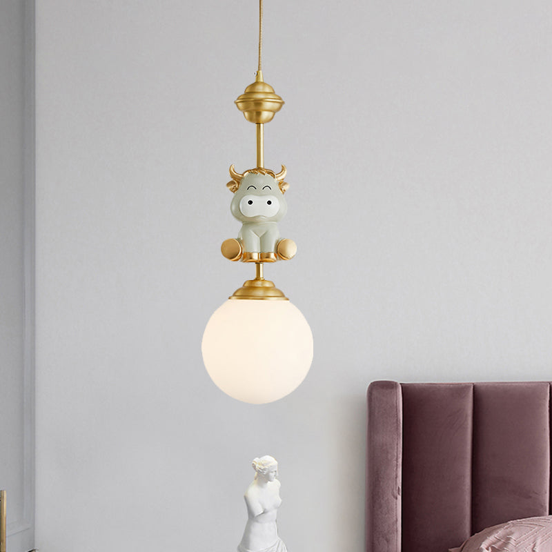 Gold Cow/Tiger Suspension Light Cartoon 1 Bulb Resin Ceiling Pendant with Global White Glass Shade