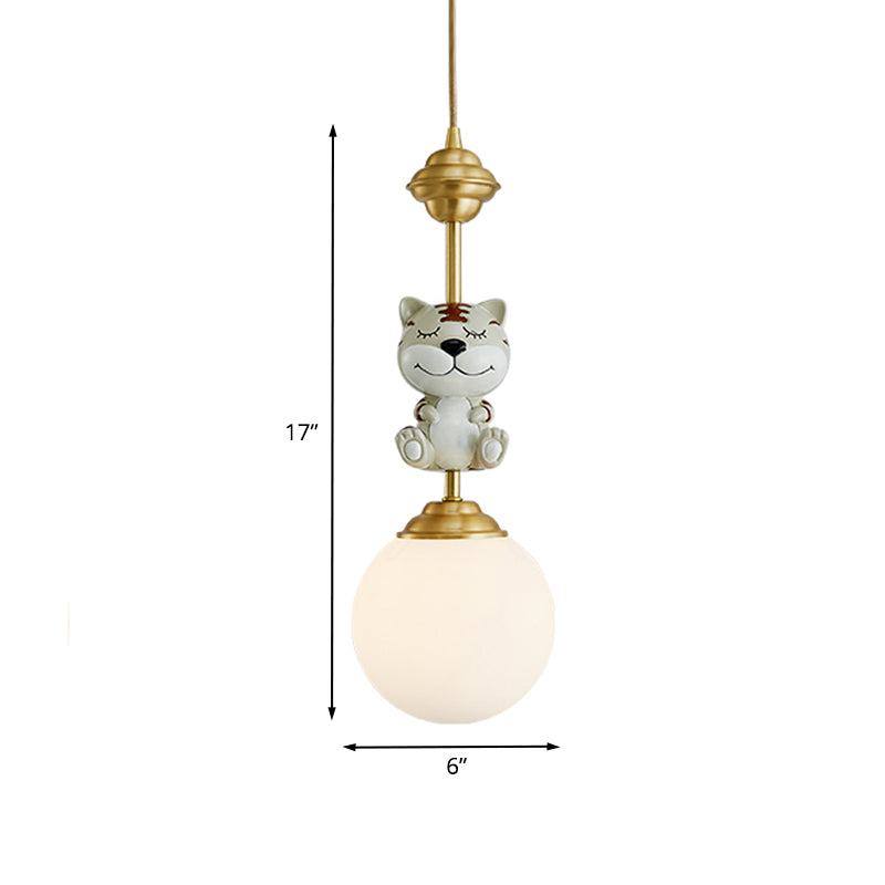 Gold Cow/Tiger Suspension Light Cartoon 1 Bulb Resin Ceiling Pendant with Global White Glass Shade
