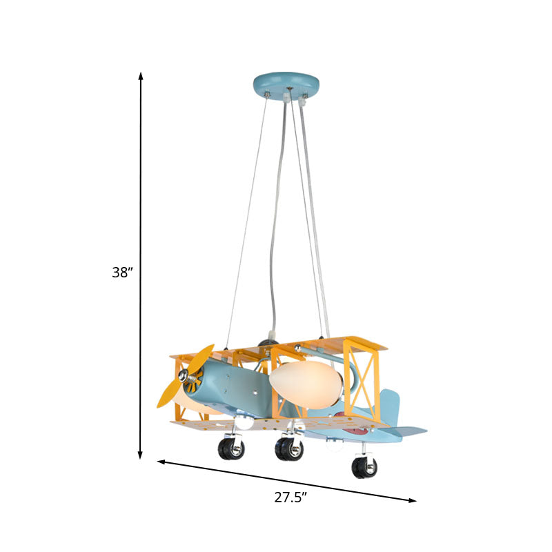 Airplane Metal Chandelier Light Kids 4 Heads Blue Ceiling Lamp with Bullet Milk Glass Shade