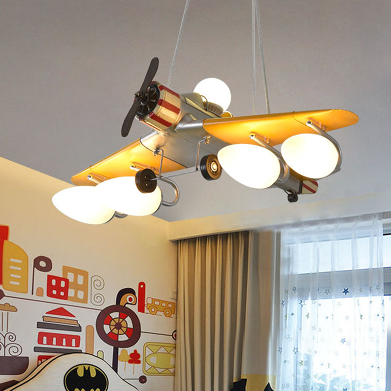 Yellow Aircraft Chandelier Lamp Cartoon 4-Light Metal Suspension Light with Cream Glass Shade