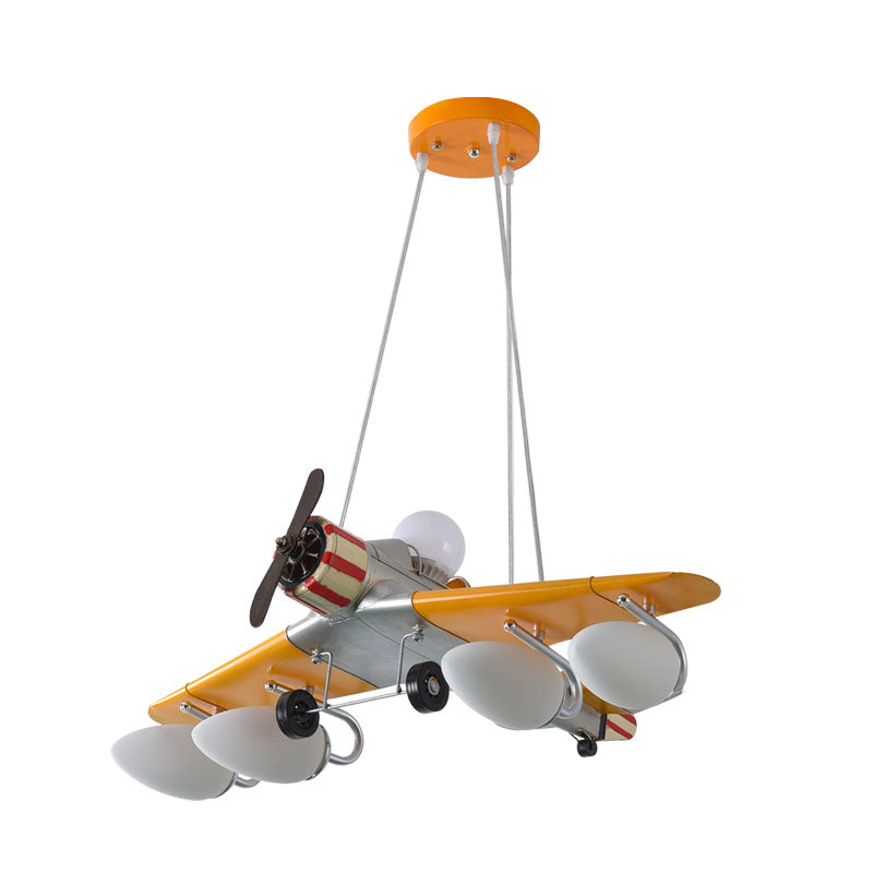 Yellow Aircraft Chandelier Lamp Cartoon 4-Light Metal Suspension Light with Cream Glass Shade