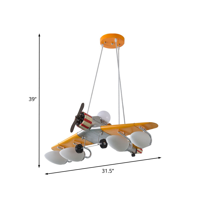 Yellow Aircraft Chandelier Lamp Cartoon 4-Light Metal Suspension Light with Cream Glass Shade