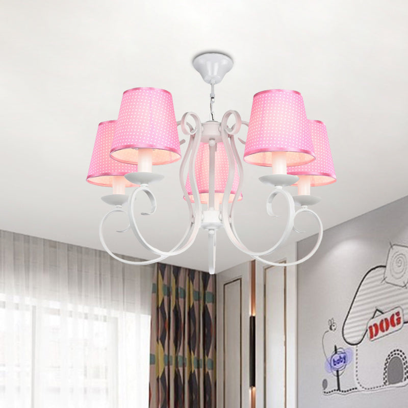 Minimalism Barrel Ceiling Chandelier Fabric 5 Lights Bedroom Hanging Light Fixture in Pink