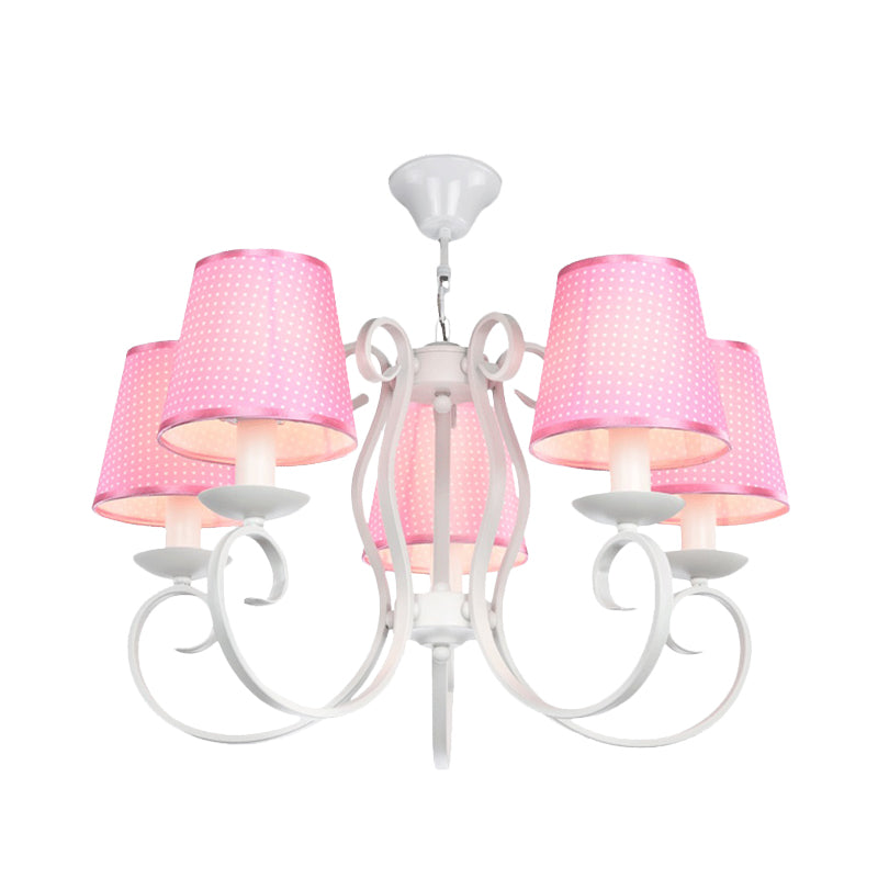 Minimalism Barrel Ceiling Chandelier Fabric 5 Lights Bedroom Hanging Light Fixture in Pink