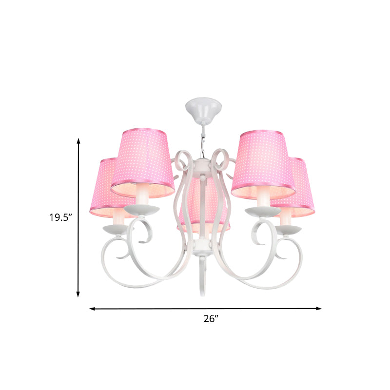 Minimalism Barrel Ceiling Chandelier Fabric 5 Lights Bedroom Hanging Light Fixture in Pink