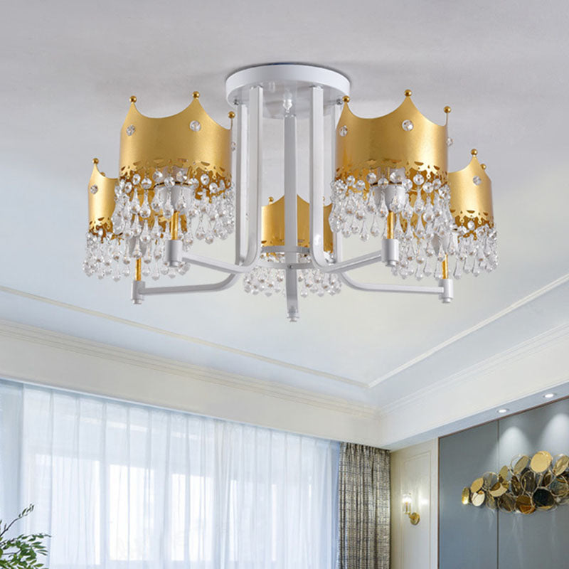 Crystal Crown Ceiling Lamp Modern 5 Bulbs Gold Chandelier Pendant Light for Living Room