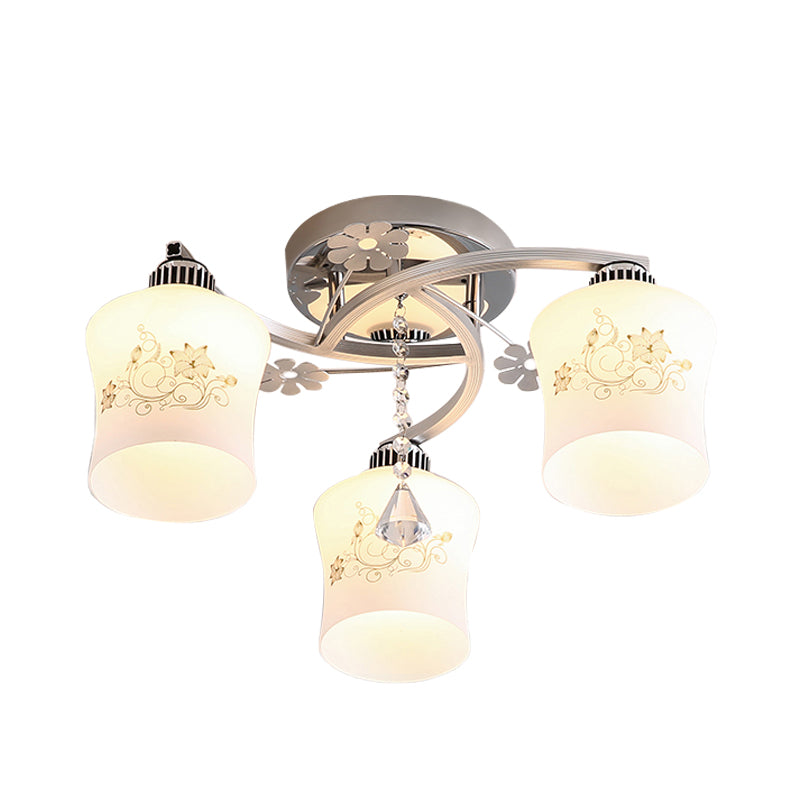 Patterned White Glass Cylinder Semi Flush Light Modernism 3-Head Spiral Close to Ceiling Lamp in Chrome