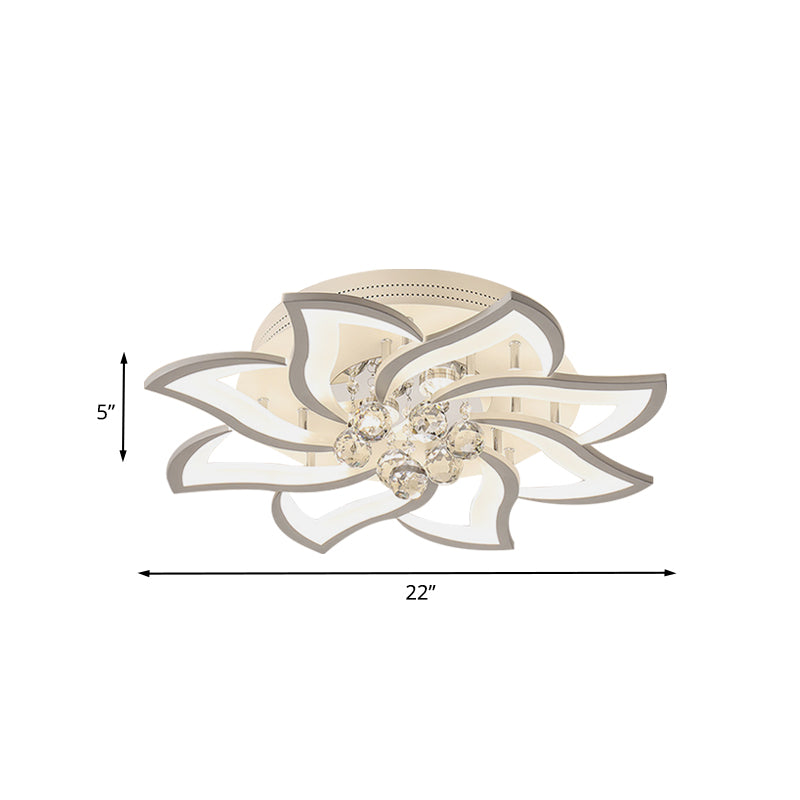 Floral Shaped Bedroom Semi Flush Lamp Acrylic LED Modern Flush Mounted Light with Crystal Orb Deco